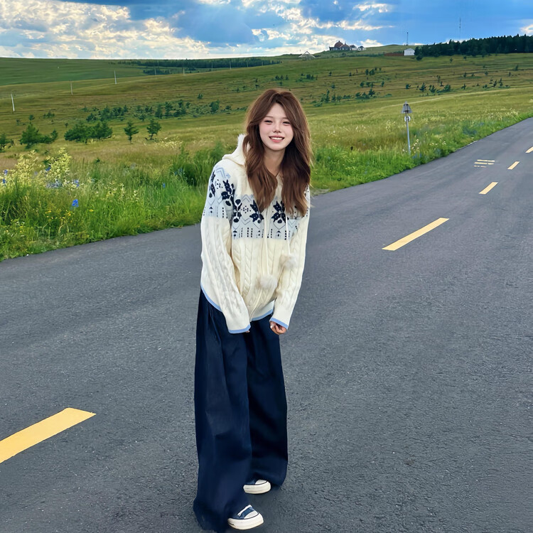 浪莎费尔岛毛衣秋季女宽松慵懒感连帽针织衫外搭保暖百搭开衫卫衣外套 米白色 【费尔岛开衫】 均码 【建议80-140斤】