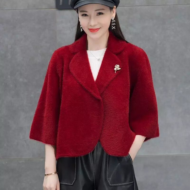 元乐申仿短外套女春秋韩版宽松百搭披肩女蝙蝠袖斗篷外搭上衣 酒红 s