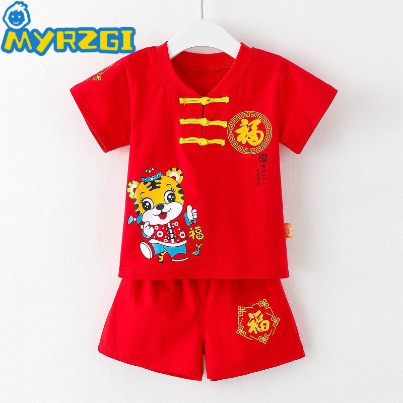 MYRZGI婴儿夏装男宝宝唐装一周岁百天女童抓周衣服儿童套装生日满月礼服 红色小虎 90建议15-2岁身高80-90cm怎么看?