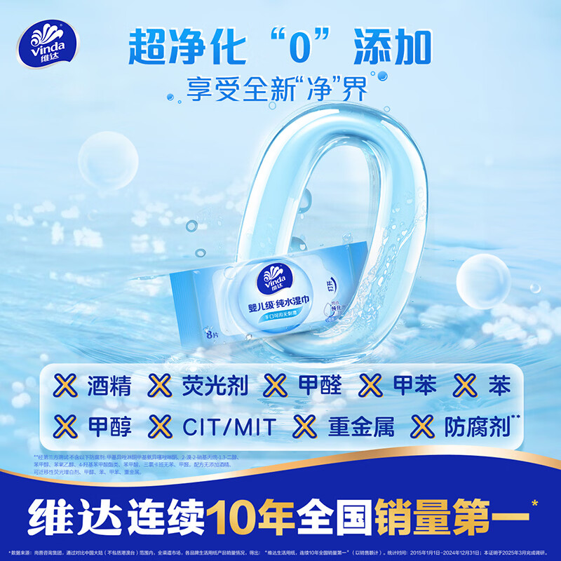 维达（Vinda）湿巾便携式纯水湿纸巾婴儿手口可用 温和无刺激小包装旅行清洁 8片*40包【5提】