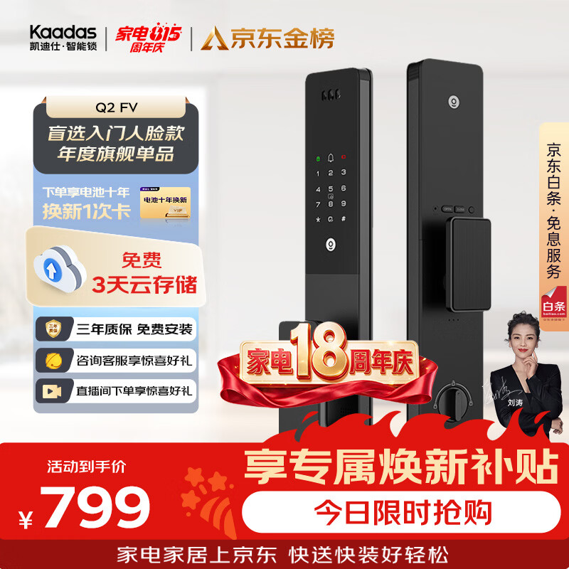 凯迪仕（KAADAS）智能门锁 人脸识别猫眼监控摄像指纹锁密码智能锁 Q2 FV