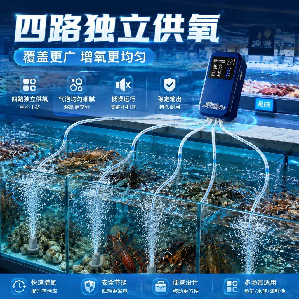 户外钓鱼增氧泵鱼缸氧气泵静音增氧机家用鱼缸给氧充电两用打氧机 户外防水【20w四孔】电池7500毫安+4档