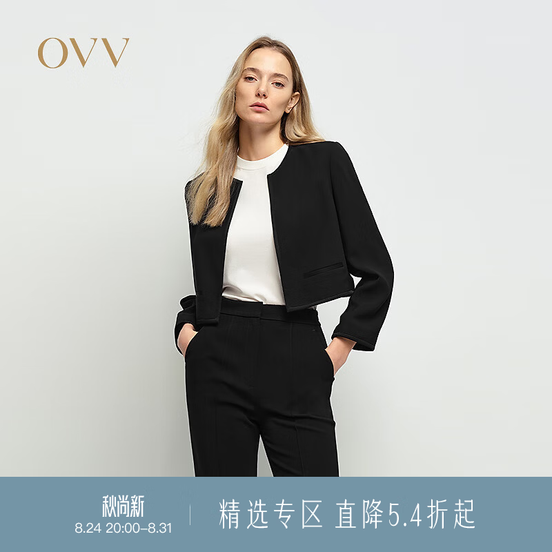 OVV2025春夏新款女装日本进口三醋酸面料经典圆领休闲夹克 赫本黑 XS
