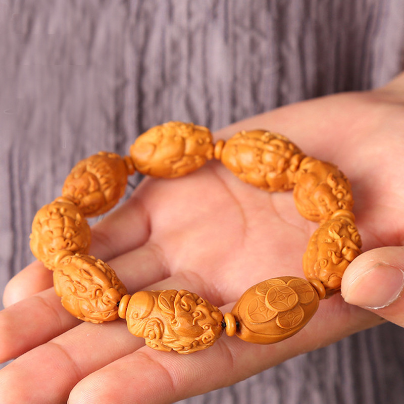 橄榄核手串 男把玩件雕刻招财貔貅手链 男士豸皮丘手饰比丘手链 貌貅