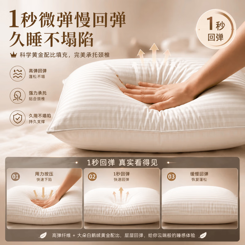RASW德国羽绒枕头护颈椎助睡眠成人鹅绒枕芯睡不塌五星级酒店专用枕头 经典白【48*74cm高枕】 一对 柔软蓬松 细腻亲肤 希尔顿同款羽丝绒枕 | 颈椎病专用