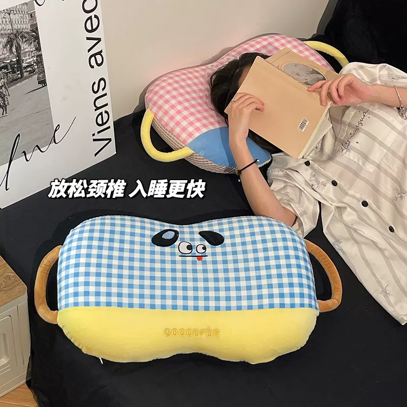 溥畔记忆棉小枕头零压慢回弹护颈椎助眠办公室趴睡侧睡学生成人午睡枕 蓝黄格纹(一面冰丝一面水晶绒)