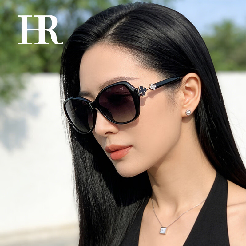 HR墨镜女时尚潮流偏光太阳镜开车防晒防紫外线生日礼物送女友 【品牌高定礼盒】HYJ060黑框全灰片