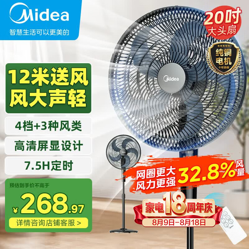 美的（Midea）工业电风扇立式大风扇强力落地扇办公室客厅交流定频遥控风扇大功率20吋大头扇车间商用FS45-23DR