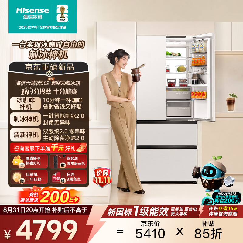 海信（Hisense）大薄荷509Pro【真空大咖】法式冰箱自动制冰10min冷萃咖啡双系统超薄嵌入BCD-509E7SFZSD白