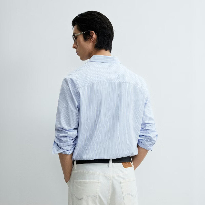 杰克·琼斯(JACK&JONES)【牛津纺】长袖衬衫男士26年秋季竖条纹弹力精致刺绣休闲衬衣男装 C39天蓝 常规 L