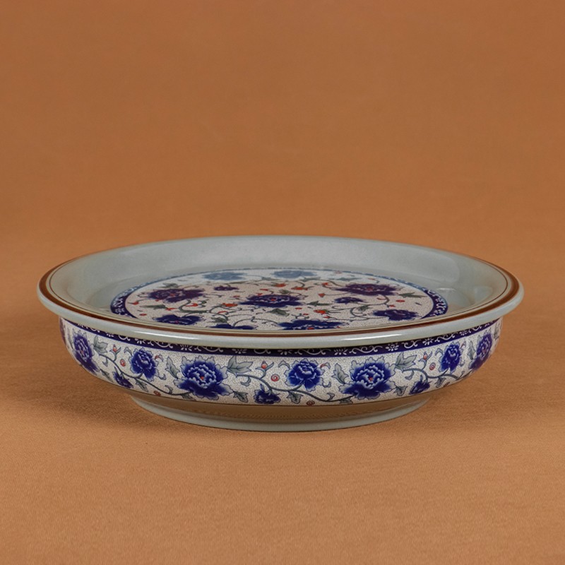 虎匠 陶瓷茶盘圆形家用大号青花瓷茶海圆茶台简约储水茶船茶具托盘多