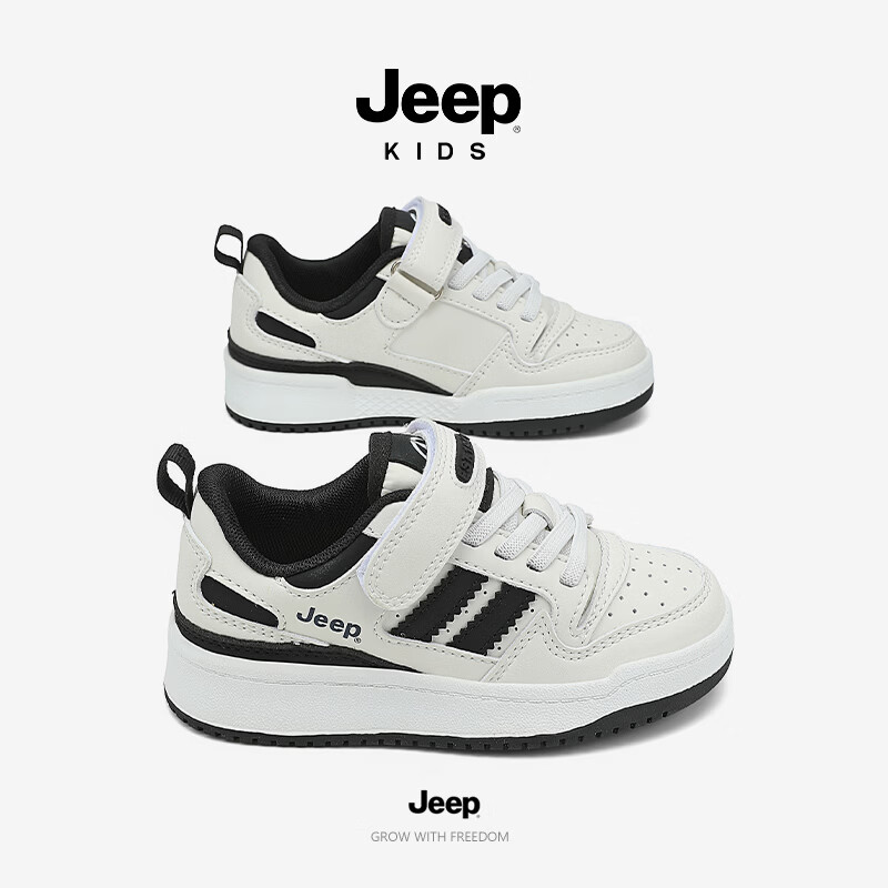 JEEP2026秋季新款魔术贴低帮休闲儿童百搭校园网面运动鞋板鞋 白黑 33