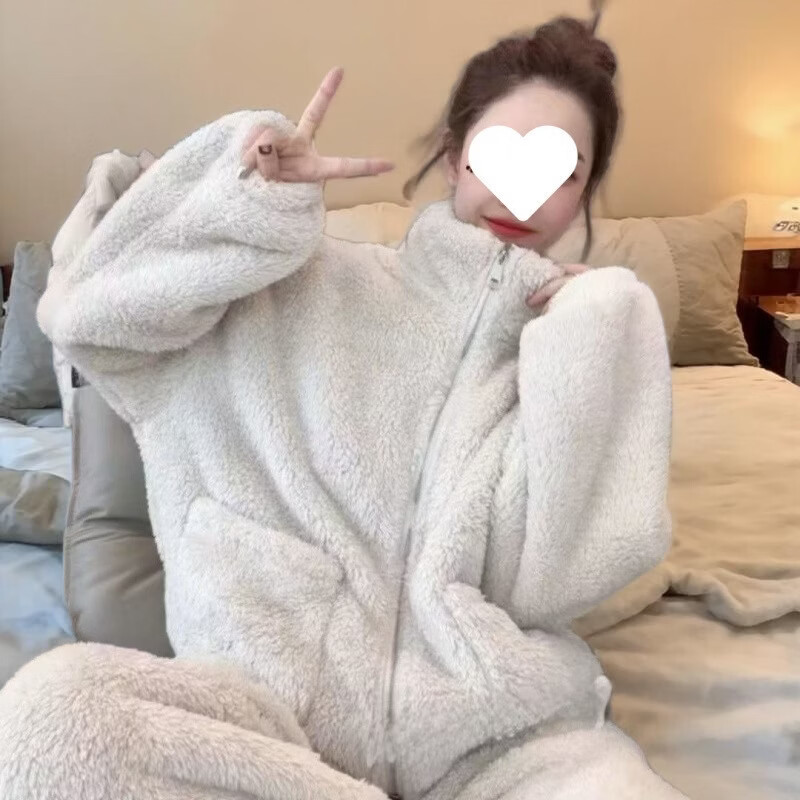 有只绵秋冬新款加厚立领暖绒珊瑚绒睡衣套装可外穿拉链保暖居家服女装 米白色(加厚款) 均码 小码（建议80-120斤）
