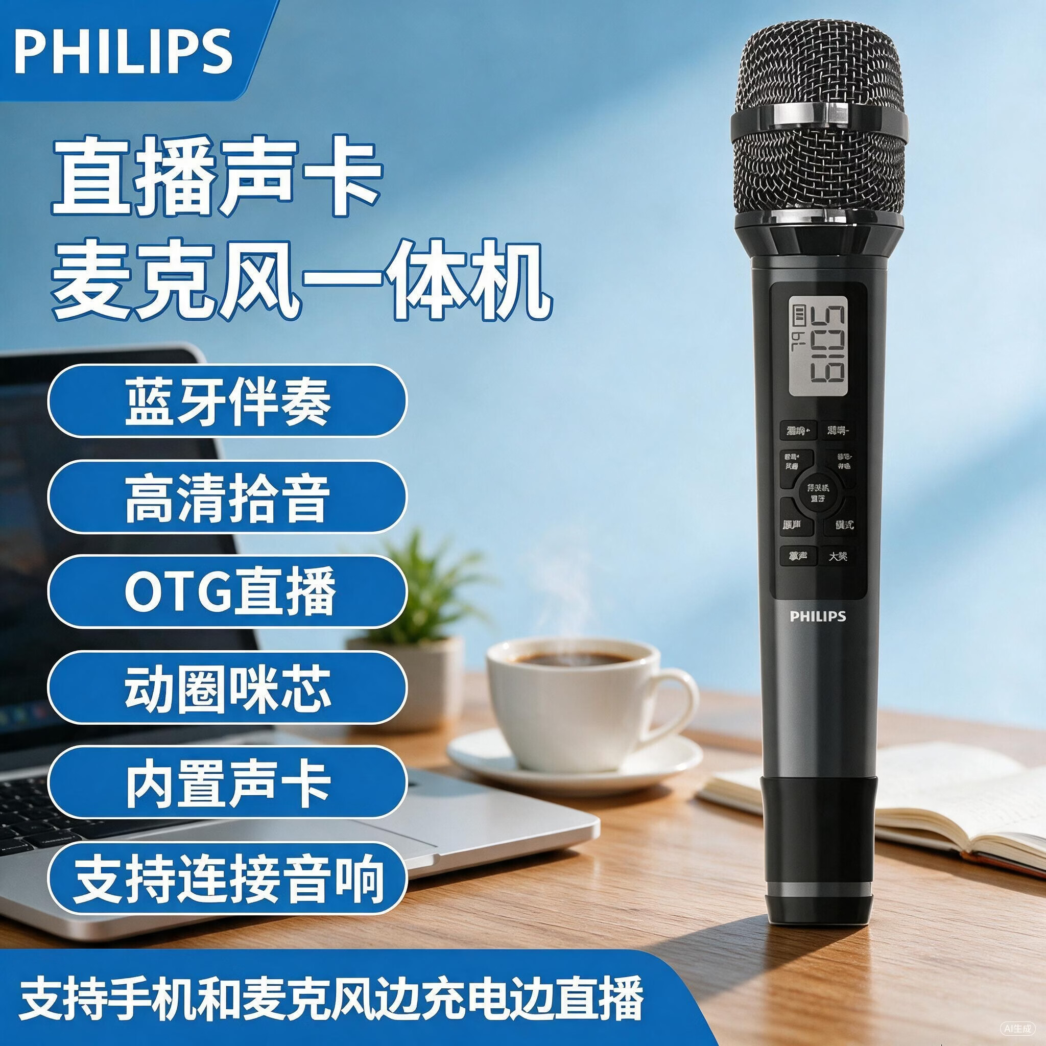 飞利浦（PHILIPS）DLM3035C声卡麦克一体机便携无线话筒手机平板直播唱歌防风降噪舞台演出专业话筒家庭K歌KTV话筒  3035C声卡麦有线版送苹果安卓通用OTG线