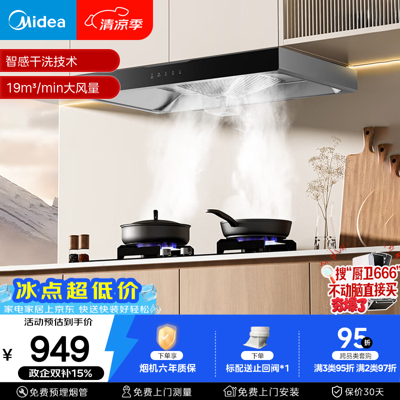 美的（Midea）抽油烟机小户型欧式吸油烟机自清洗 脱排油烟机排烟机CXW-260-T33A 单烟机19风量