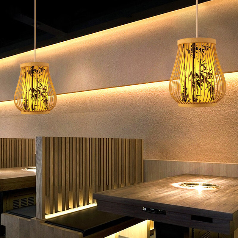手工竹编灯笼古风吊灯编织竹艺 竹灯具适用餐厅饭店民宿 新风格 18X40花开富贵+18瓦