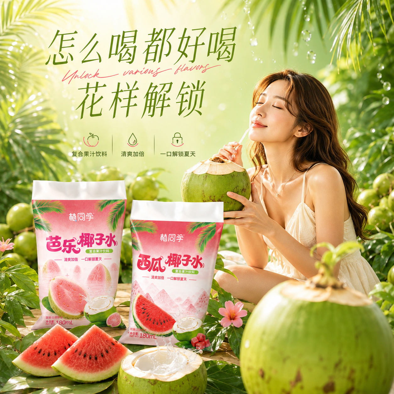 植同学椰子水芭乐西瓜果汁椰汁水饮料果蔬汁补水解渴解辣饮品送礼佳品 芭乐椰子水（5袋）+西瓜椰子水（5袋）