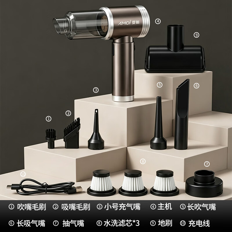夏新(Amoi)车载吸尘器手持式家用小型无线大吸力汽车用高续航除尘器除皮屑桌面吸尘清洁宠物吸毛器除螨随手吸 玫瑰金【12000Pa】11件套豪华礼包+地刷-顶配五合一