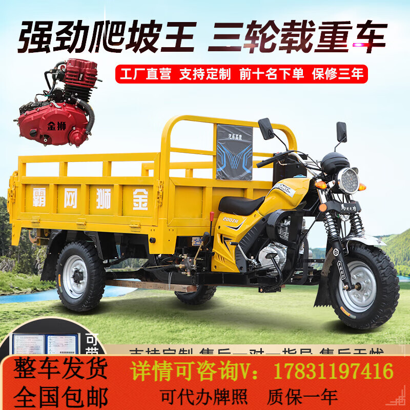 弄狮冷三轮摩托车燃汽油正自卸发动机农用货运翻斗载重王三轮车 金狮