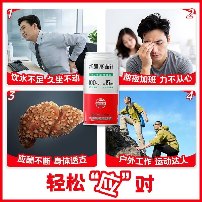 番时番26年产新疆番茄汁100%鲜果原榨无添加0脂非浓缩还原汁果蔬饮料 不加糖番茄汁205ml*12罐(原味)