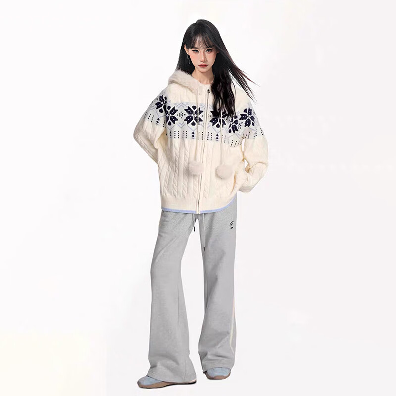 浪莎费尔岛毛衣秋季女宽松慵懒感连帽针织衫外搭保暖百搭开衫卫衣外套 米白色 【费尔岛开衫】 均码 【建议80-140斤】