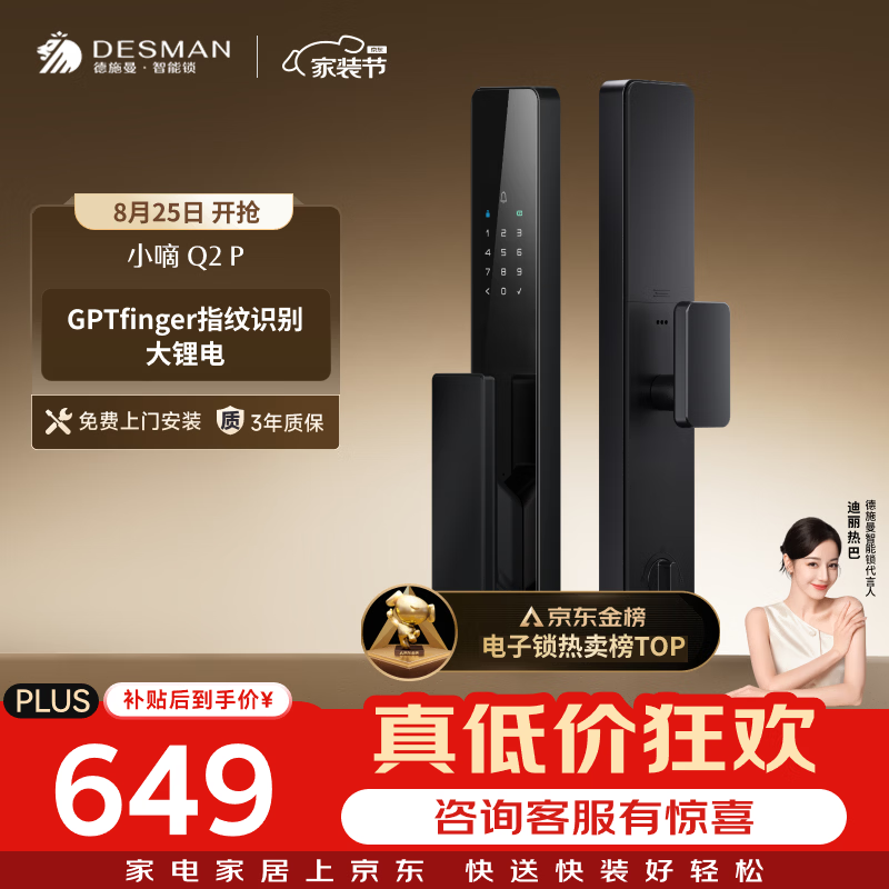 德施曼（DESMAN）智能门锁全自动C级锁芯入户门防盗指纹密码电子锁小嘀Q2P
