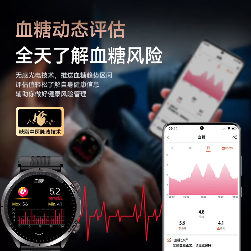 DIRWOK【品牌补贴15%】智能手表气泵血压监测血氧尿酸睡眠监测SOS呼救运动心率ECG心电评估健康手表手环 II类医疗器械认证丨测血压血糖+AI评估健康预警 黑