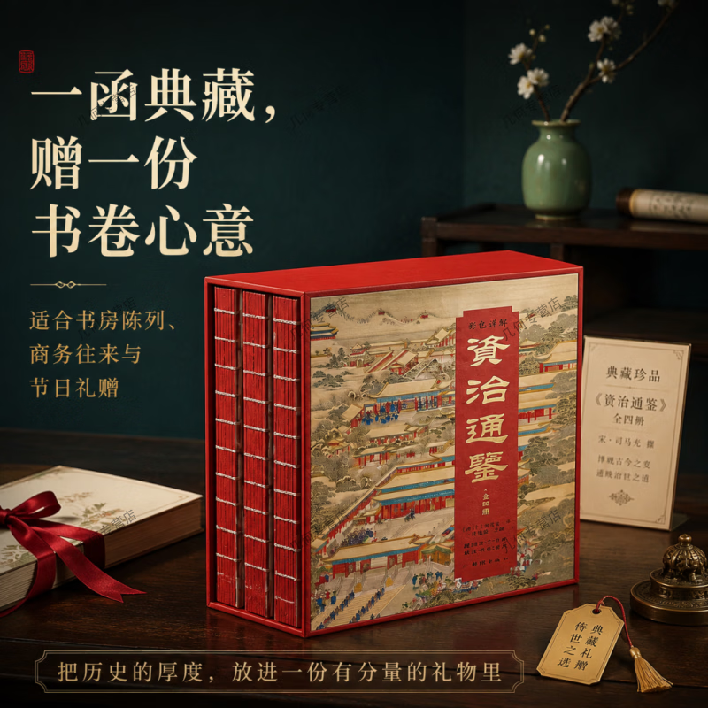 【全四册国风典藏礼盒】 仿古线装资治通鉴刷边版 原文注音白话译文搭配古风彩图千年王朝兴衰智慧装帧适合居家研读商务赠礼收藏国学史书典籍 彩色详解资治通鉴(全四册)刷边版