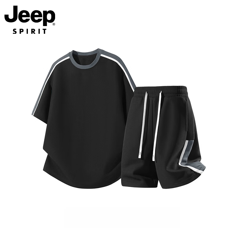 JEEP SPIRIT吉普套装男士2026夏季新款短袖短裤潮流拼色休闲运动两件套 D838黑色T恤+黑色短裤 XL