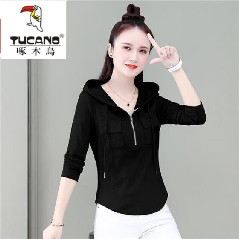 啄木鸟（TUCANO）新款卫衣女连帽修身长袖T恤2026秋冬新款韩版显瘦时尚减龄打底衫 黑色  L 建议100-115斤 京东折扣/优惠券