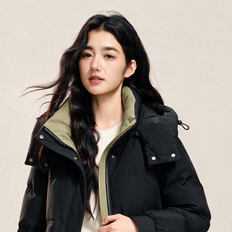 雪中飞冬新款女羽绒服连帽百搭大口袋加厚保暖宽松简约韩版中长款 黑色|8056 M /160/84A