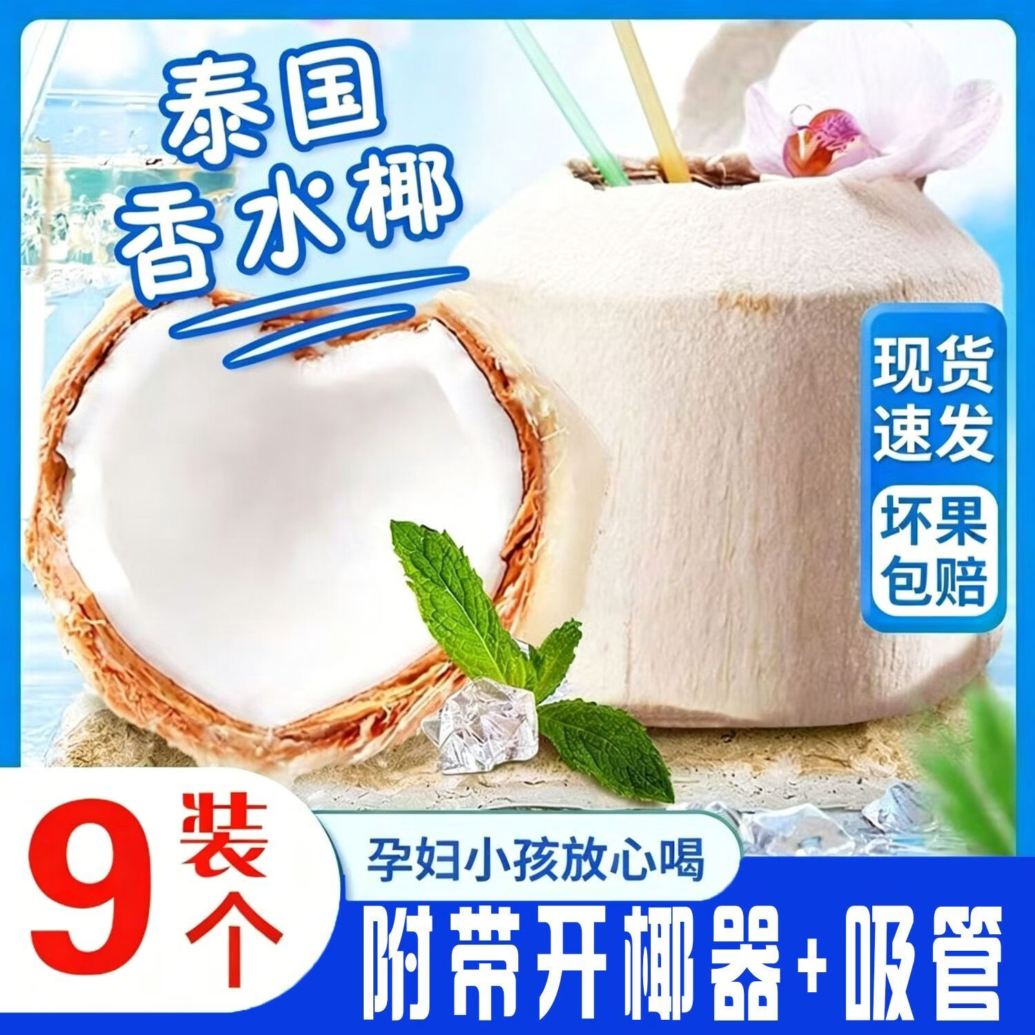 海云宝泰国进口椰青新鲜椰子椰汁网红椰水果大果香水耶青配开椰器吸管 9枚装 单果700-900g