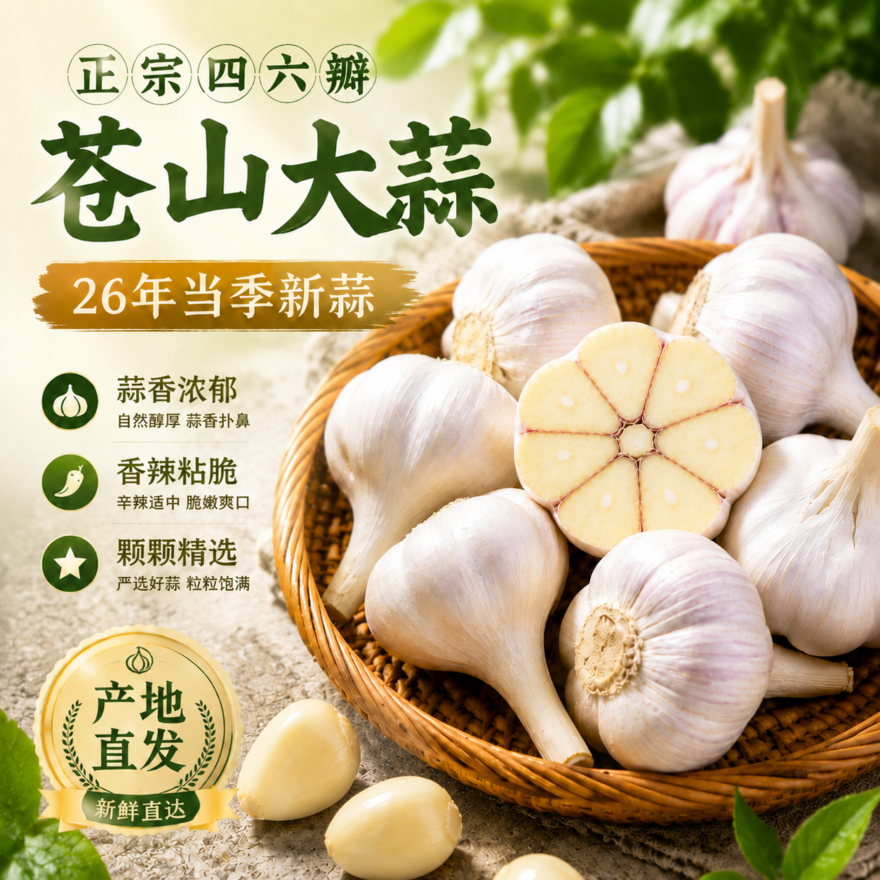 苍山大蒜【条装发货】26年苍山四六瓣大蒜新干蒜大蒜头大蒜产地直发干大蒜 3斤 【90%选择】 中果(5cm左右)当季新蒜