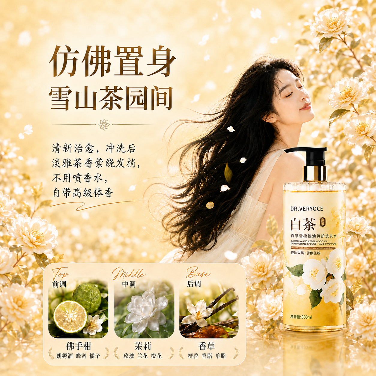 DR.VERYOCE洗发水男女士专用去屑止痒控油持久蓬松留香氨基酸花香洗头膏发露 白茶洗发水850ml-1+白茶沐浴露850ml-1【洗护套装】 商超控油去屑香氛洗发水热卖TOP