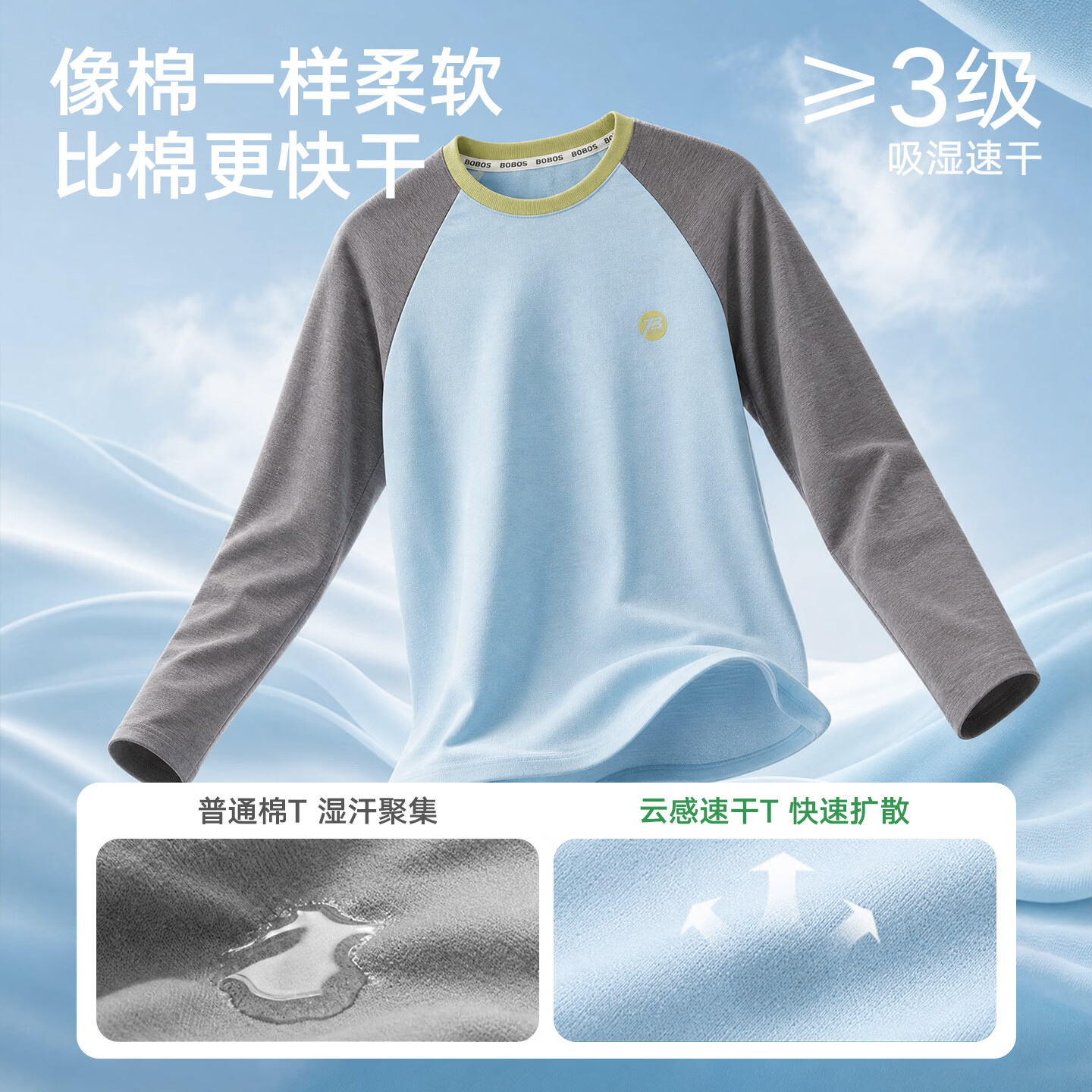 巴布豆速干透气撞色螺纹领男女童长袖T恤厚板胶印插肩袖户外休闲上衣 蓝拼咖+白拼藏青 120 推荐体重30-46斤