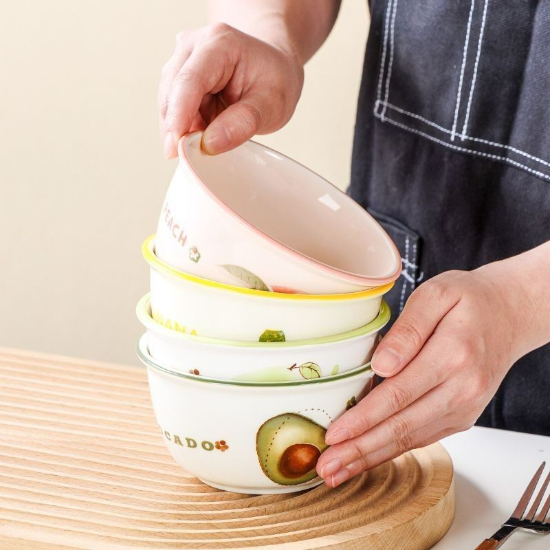 CRHMMFLF防烫饭碗水果系列釉下彩陶瓷碗家用餐具组合耐高温布丁甜品小碗 【四个装】水果【牛油果+香蕉+水蜜桃+柚子】