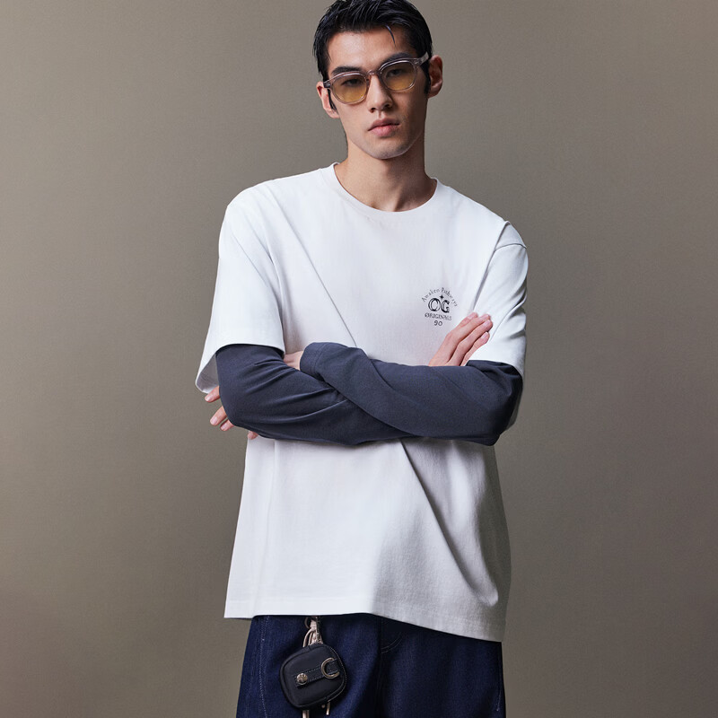 杰克·琼斯(JACK&JONES)26年秋季男装【重磅纯棉】长袖T恤男宽松圆领假两件撞色打底衫 A06本白色 常规 XS (165)