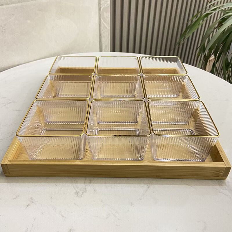 CRHMMFLF水果盘分格中式点心盘禅意茶室零食干果小吃果盘美容院酒吧小吃盘 竹木托盘 9格 透明【防摔耐用】