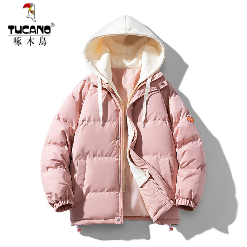 啄木鸟冬季假两件棉衣男士冬装连帽加厚羽绒棉服男款情侣防风棉袄子 假两件】MN至090粉色 M