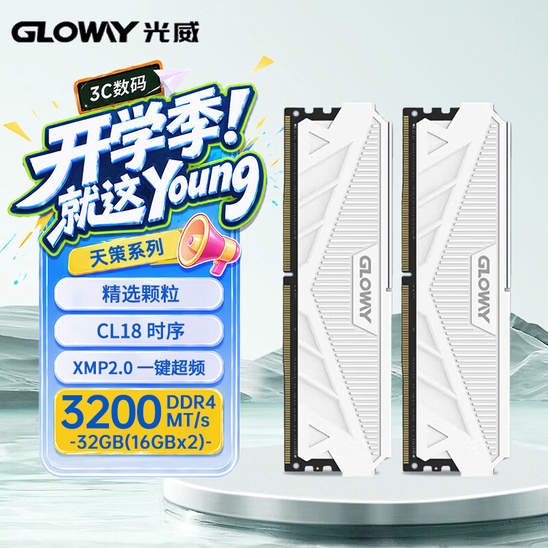 光威（Gloway）32GB(16GBx2) DDR4 3200 台式机内存条 天策 马甲条 精选颗粒 CL18 皓月白 AI电脑配件升级