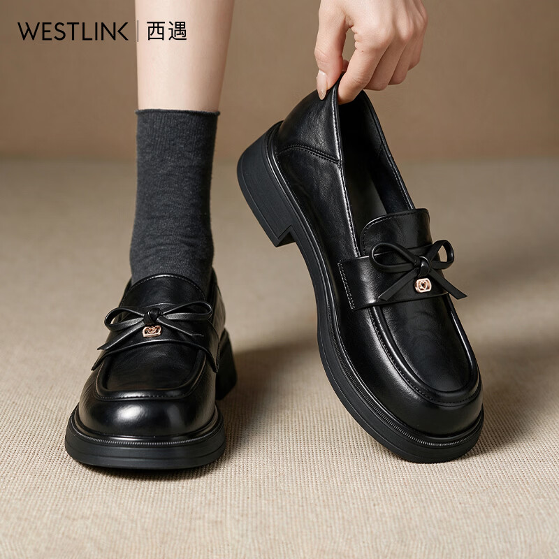 西遇（Westlink）蝴蝶结乐福鞋女2026新款秋季英伦风厚底粗跟通勤学院风乐福鞋 黑色 付款20天 36 (230)