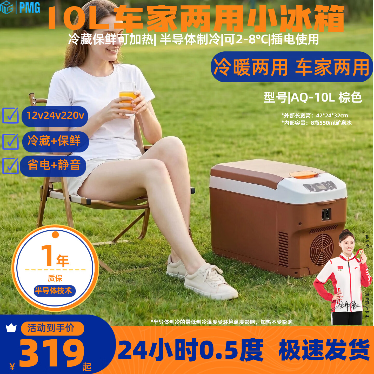 PMG车载冰箱车家两用冷藏冷冻12v24v220v2026最新款车载小冰箱 [棕色]半导体 车家两用 [12/24/220V]冷藏保鲜加热 10L