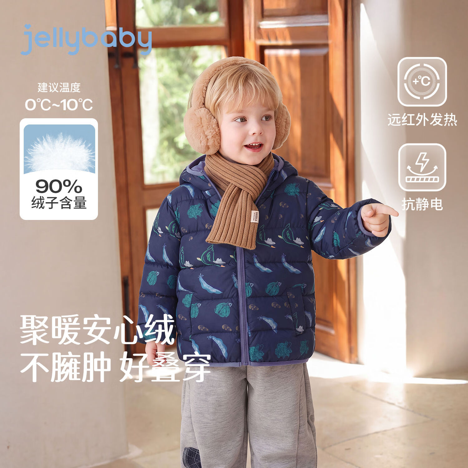 JELLYBABY【锁温发热无氟防水防污抗静电】新品冬款男童中童轻薄羽绒服 蔬菜动物 110