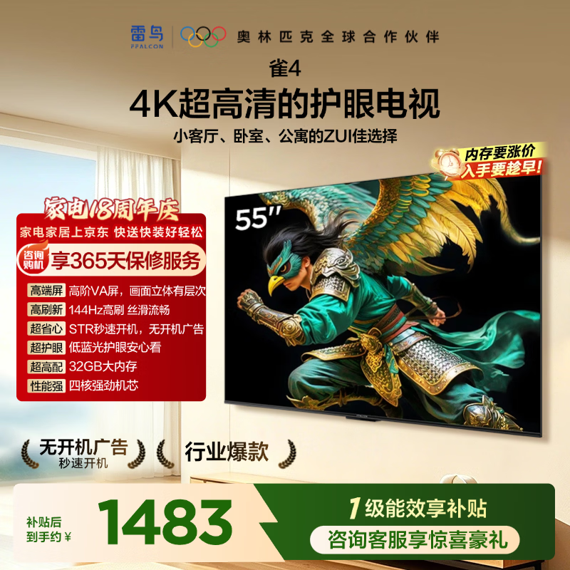 TCL雷鸟电视【固定挂架送装一体】 55雀4 55英寸 144Hz高刷 32G大内存  平板电视机55F270C-A