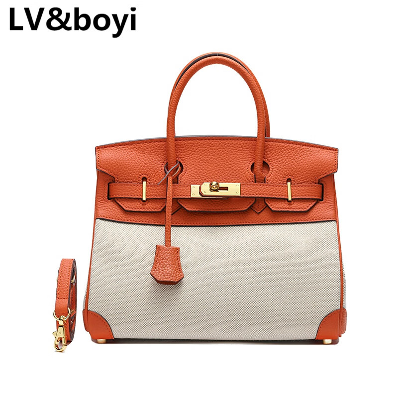 lv&boyi奢侈品官方品牌包包女包时尚头层牛皮配布铂金包新款女士单肩
