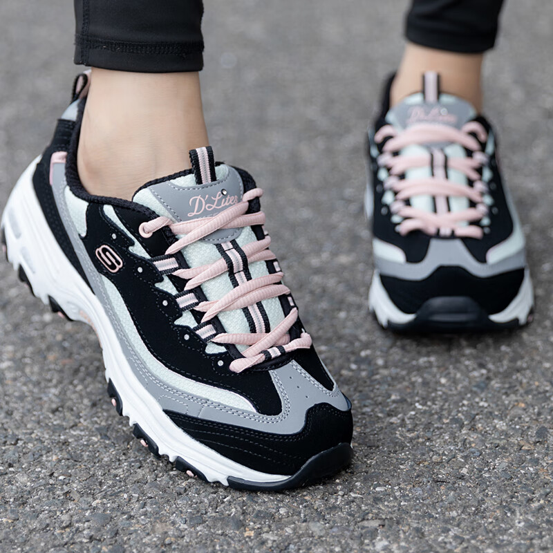 斯凯奇（Skechers）女鞋秋季2025新款奶茶熊猫鞋撞色休闲鞋厚底增高老爹鞋减震运动鞋 BKGY 35