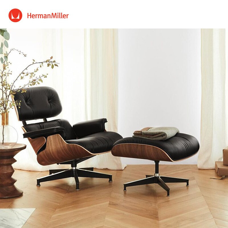 赫曼米勒（HERMAN MILLER） 原装进口 Eames伊姆斯 客厅休闲躺椅 单人沙发 含脚凳 胡桃木壳/黑色真皮-预定30天发货