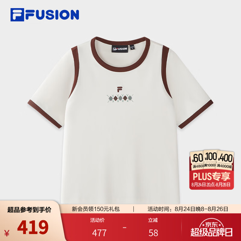 FILA FUSION 斐乐潮牌短袖T恤26秋季新款女士针织休闲基础撞色 云白色-WT XL 175/92A/XL
