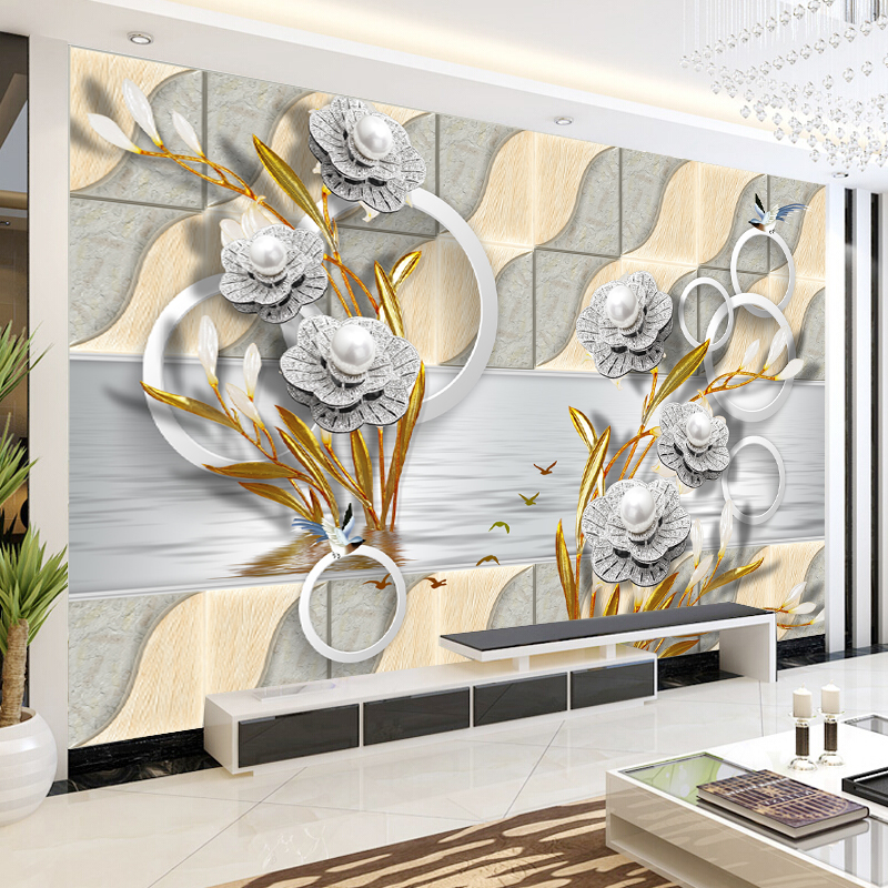 客厅卧室直播间壁纸无缝墙布欧式珠宝花卉影视墙定制壁布画 金叶珠宝