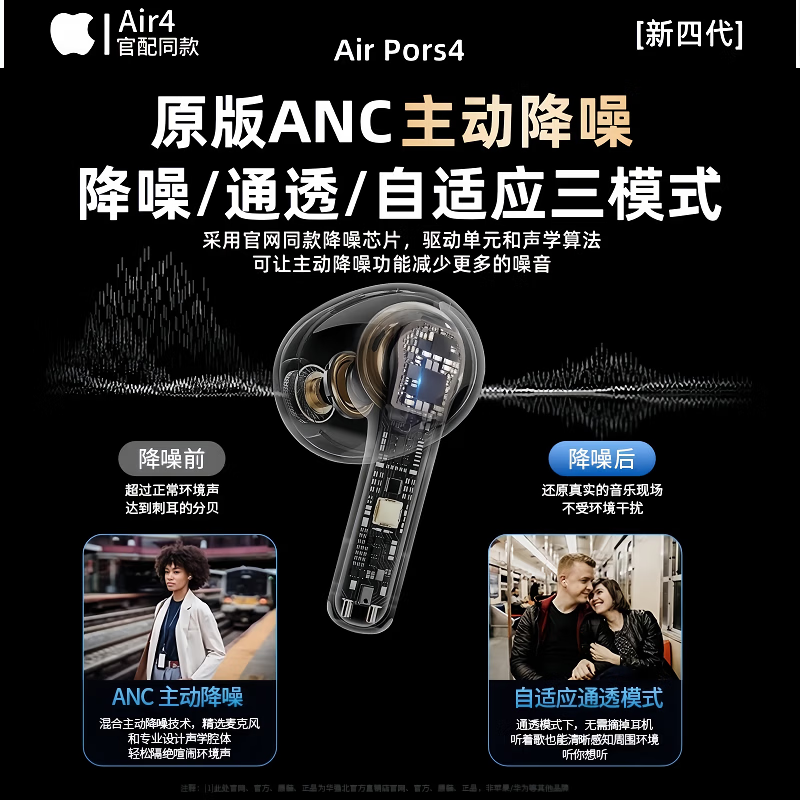 华强北顶配【直营正品丨新Air第4代】蓝牙耳机适配苹果无线2026新款半入耳式降噪iPhone17/16/15华强北pods4 【华强北原版全功能顶配版】 主动降噪+改名定位+三真电量